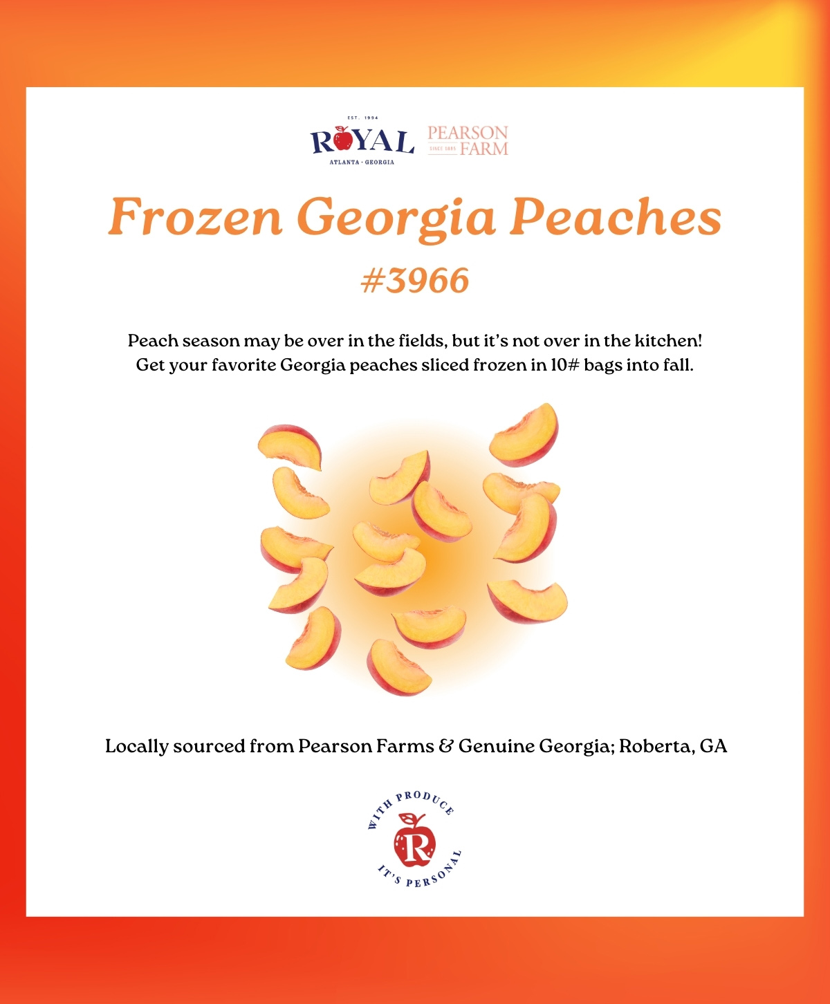 Frozen Peaches - Peach season may be over in the fields, but it's not over in the kitchen! Get your favorite Georgia peaches sliced frozen in 10# bags into fall.